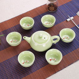 青瓷鱼杯茶具茶壶创意开业促销商务礼品陶瓷功夫套装 7头青瓷鱼杯 礼盒
